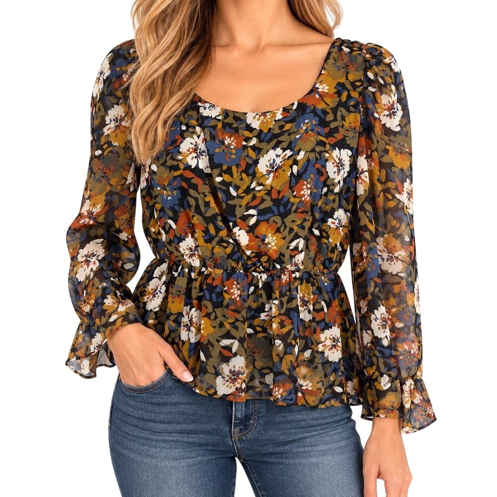 Sadie & Sage Sz Large Forest Floral Long Sleeve Fall Harvest Blouse Shirt Top